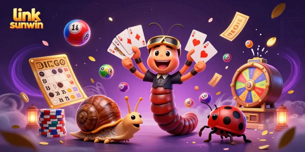 Experience the thrill with link sunwin as a cartoon millipede dealer expertly showcases cards amidst a vibrant casino scene.