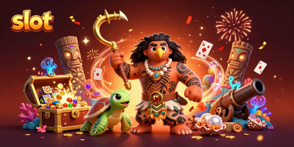 Slot menampilkan dewa mahi-mahi bertato dengan kotak harta karun penuh koin emas dan simbol buah, cocok untuk kasino.