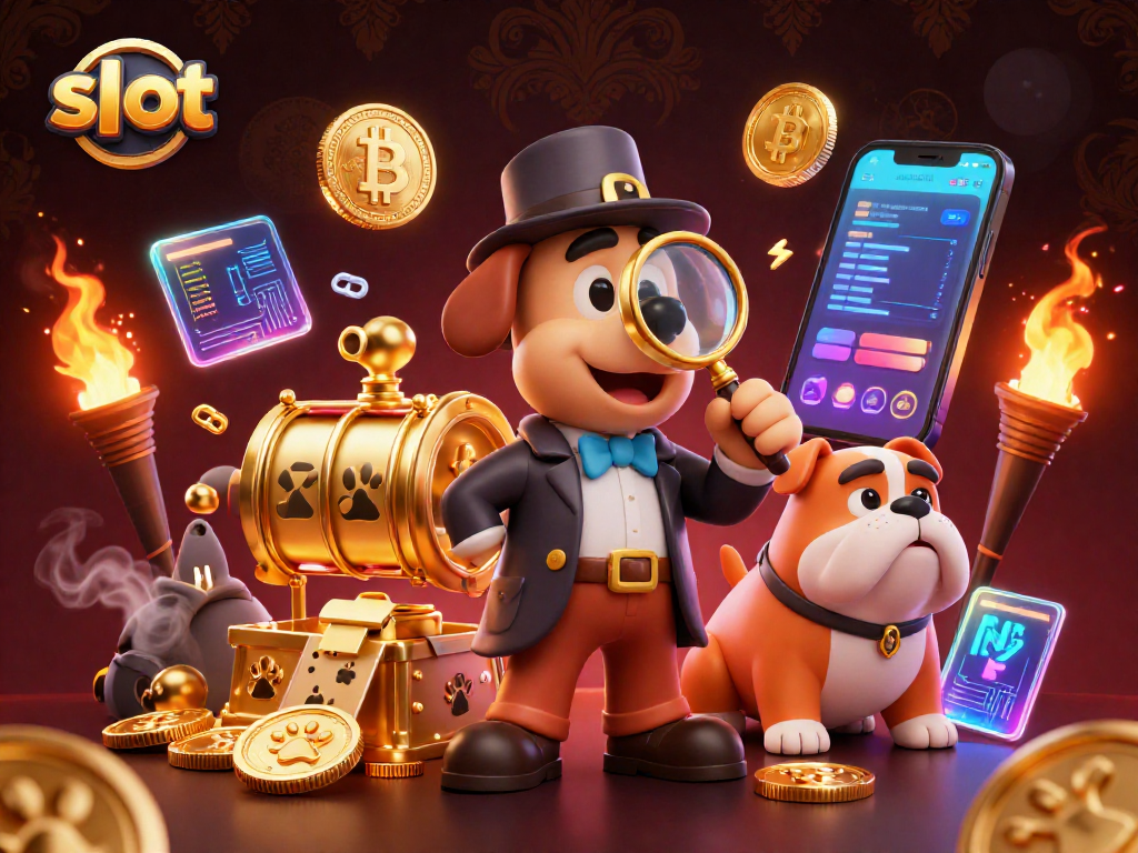 Menggulung slot yang seru dengan anjing detektif 3D dan petunjuk emas di latar belakang
