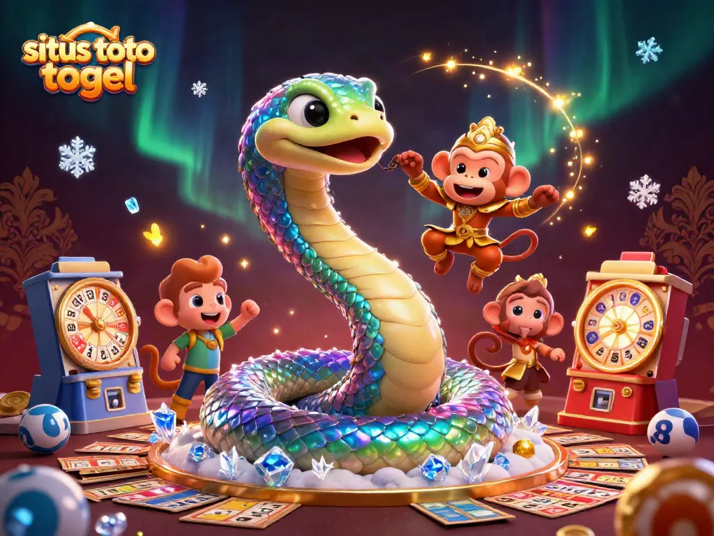 Engage with situs toto togel featuring a lively scene of a rainbow serpent, monkey king, and lottery elements.