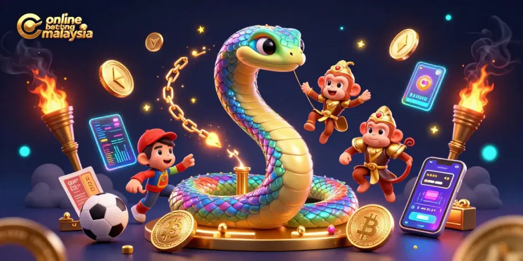 Engage with online betting Malaysia in a vibrant 3D scene featuring a rainbow serpent and monkey king amidst crypto elements.