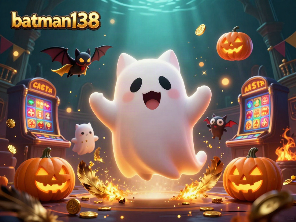 Experience thrilling gaming with batman138 in a vibrant haunted casino scene featuring a friendly ghost cat and bat.