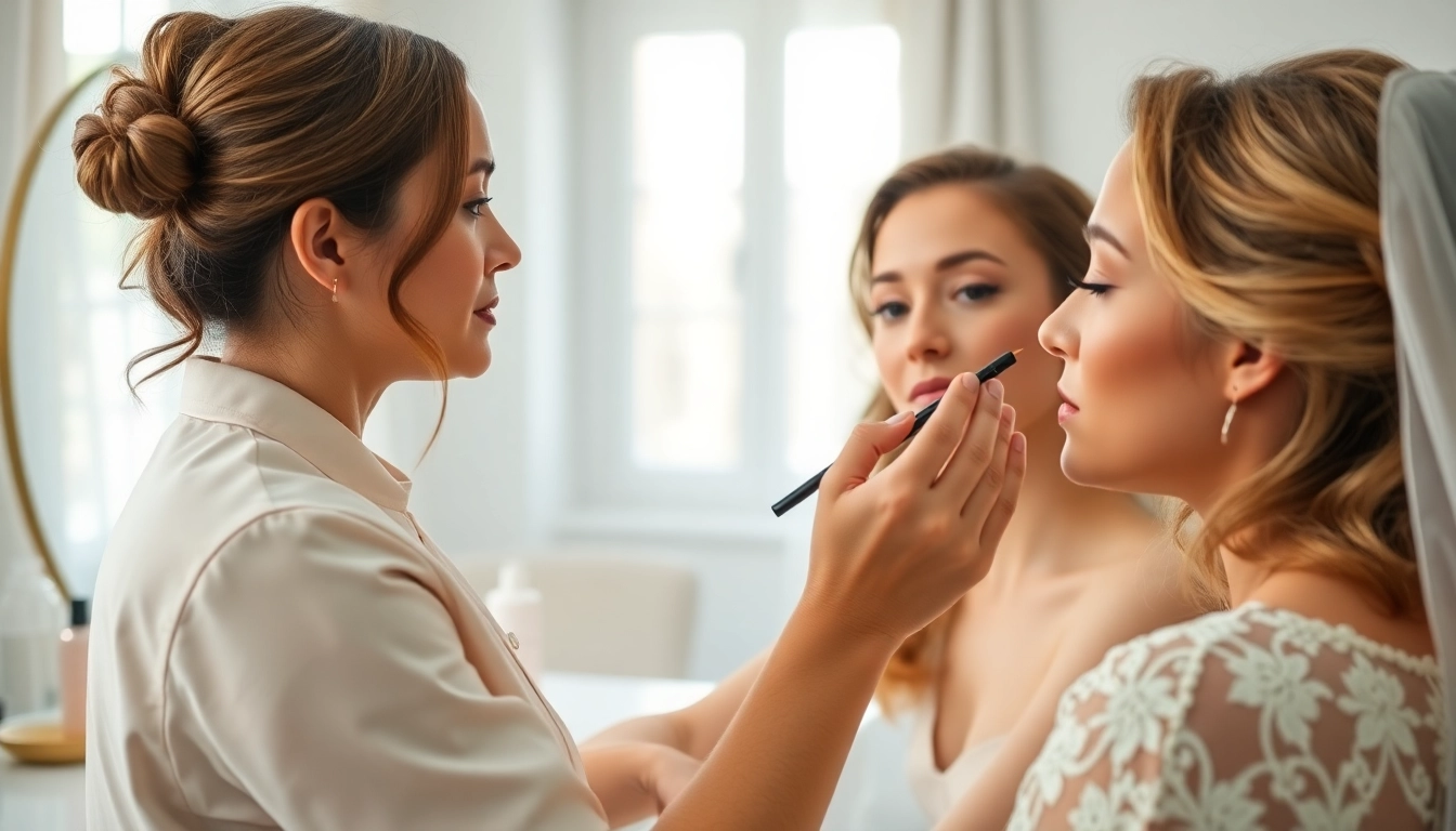 Mobile makeup artist Dallas TX enhancing a bride's look at home, beautifully arranged beauty products.