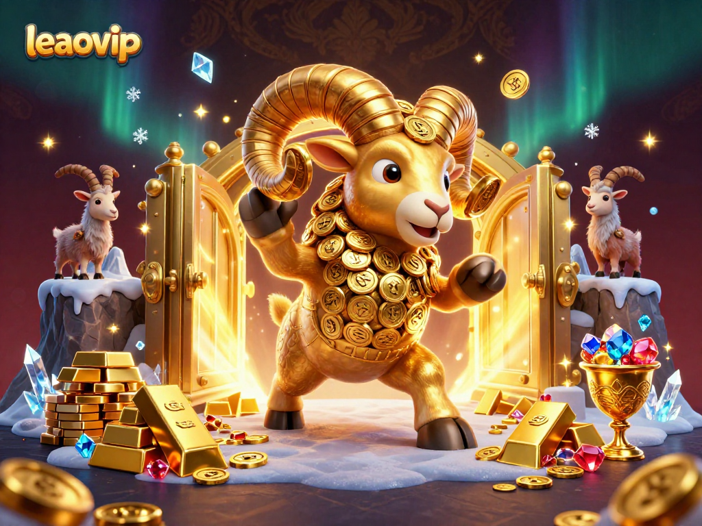 Engage with the excitement of leaovip, featuring a dynamic golden ram charging through a treasure-filled landscape in this vibrant casino scene.