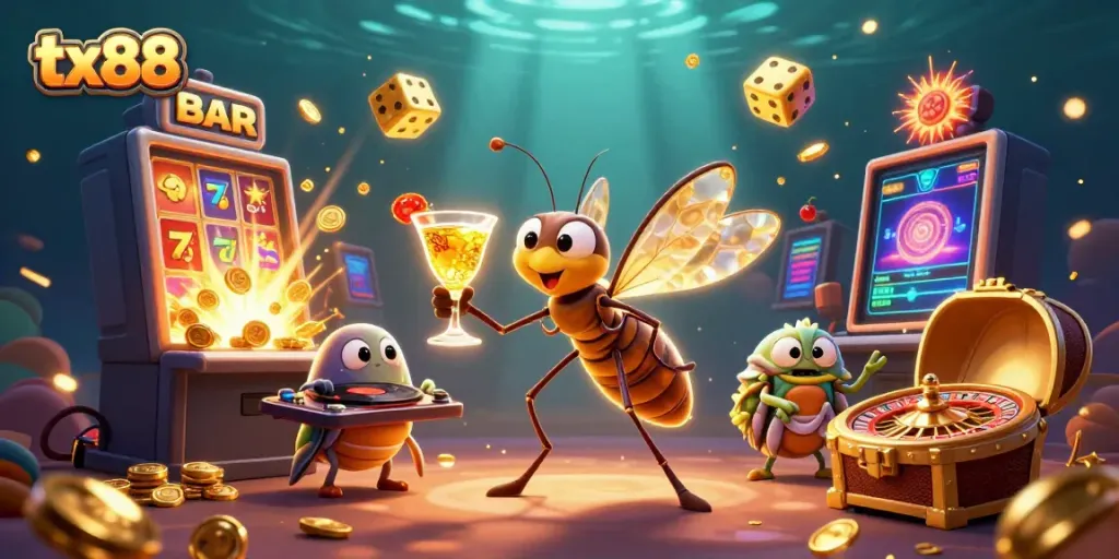 Experience the excitement of tx88 with a lively casino scene featuring a unique mascot, vibrant games, and dynamic elements.