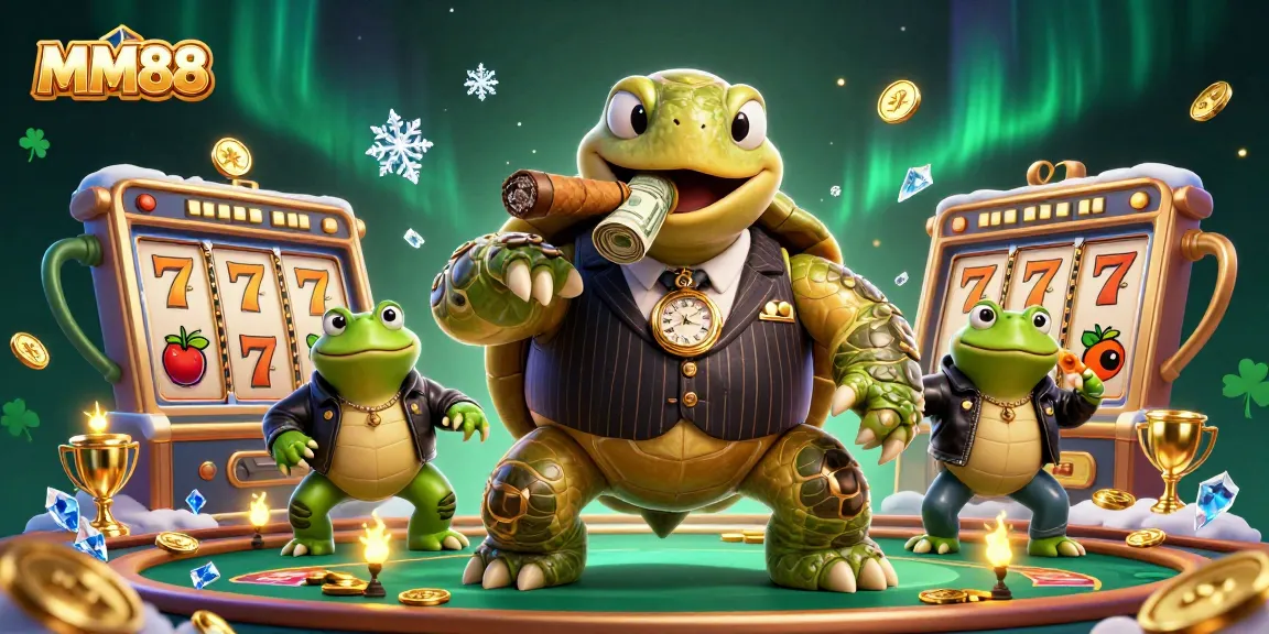 Engaging MM88 slots illustration with a mobster turtle and bullfrog enforcers amidst rich casino elements.
