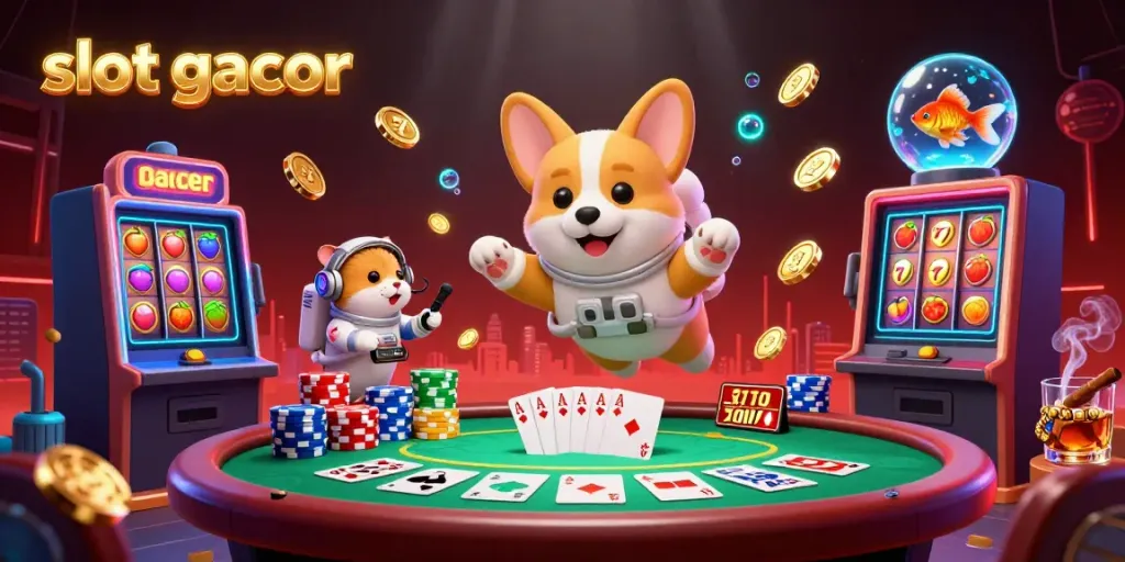 Engage with a vibrant slot gacor scene featuring a corgi, hamster, and goldfish in a space casino.