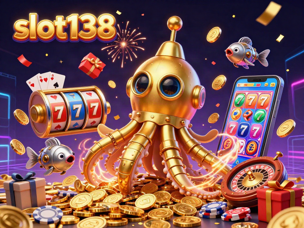 Play slot138 with vibrant slot reels, a golden kraken submarine, and mechanical fish in a jackpot scene.