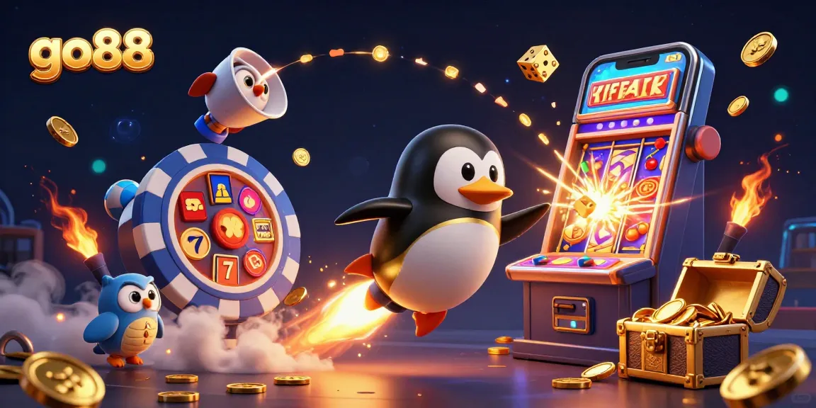 Engage with go88 gaming adventure in a vibrant illustration of a golden penguin and casino elements.
