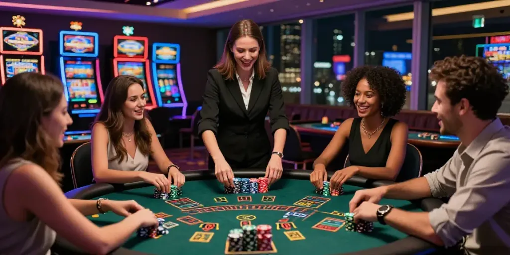 A vibrant casino scene with friends enjoying blackjack and the excitement of ahha4d gaming experience