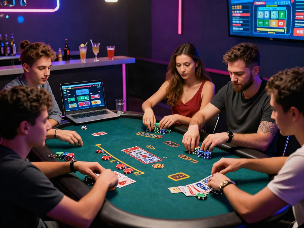 Exciting scene of friends playing casino online games with colorful chips and a laptop in a lively atmosphere.