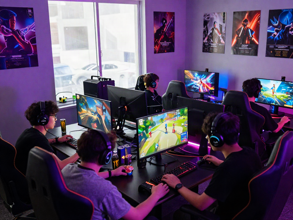 Gamers enjoying ggsoft games in a vibrant gaming studio environment.