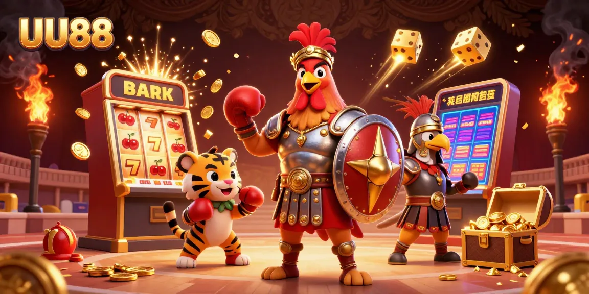 Engage with UU88's thrilling casino experience featuring a gladiator rooster and dynamic slot action.