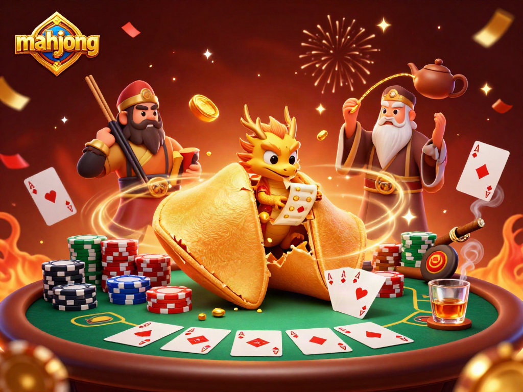 Engage in mahjong with a vibrant scene featuring a golden fortune cookie, wise dragon, and poker elements.