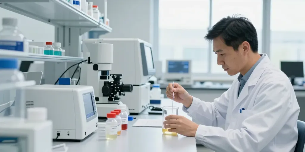 SwissChems peptide research in a modern lab with a scientist measuring compounds.