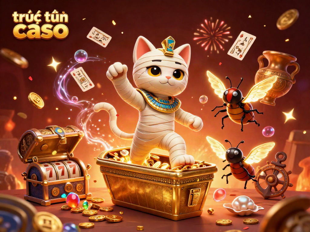 Cảm nhận sự phấn khích tại trực tuyến casino với mèo ướp xác và biểu tượng thẻ bài bay lơ lửng.