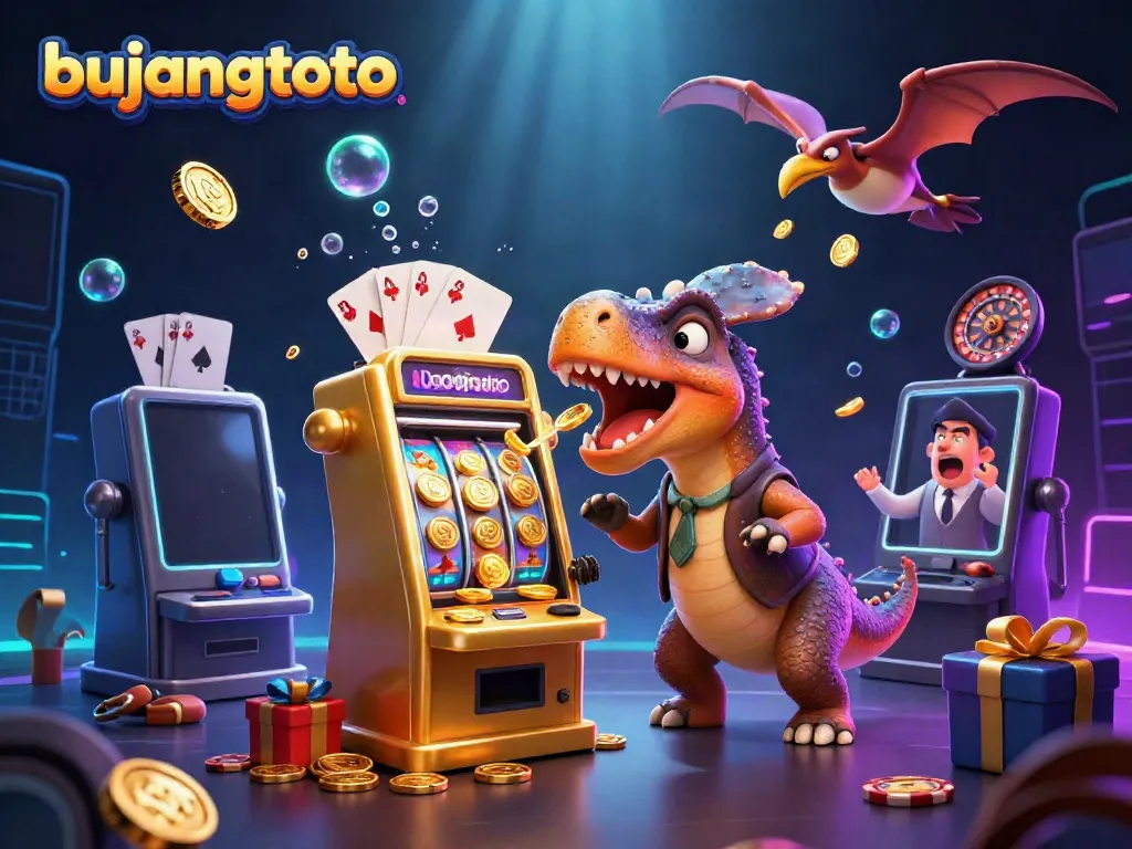 Experience the excitement of bujangtoto with vibrant casino scenes featuring playful dinosaurs and jackpot wins.