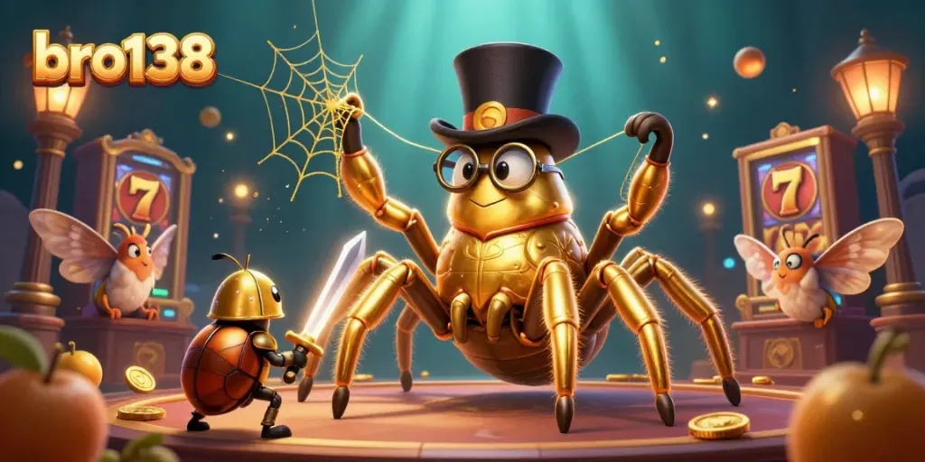 Experience the thrill of bro138 with a giant tarantula in a casino-themed 3D illustration showcasing lucky symbols and high-stakes gameplay.