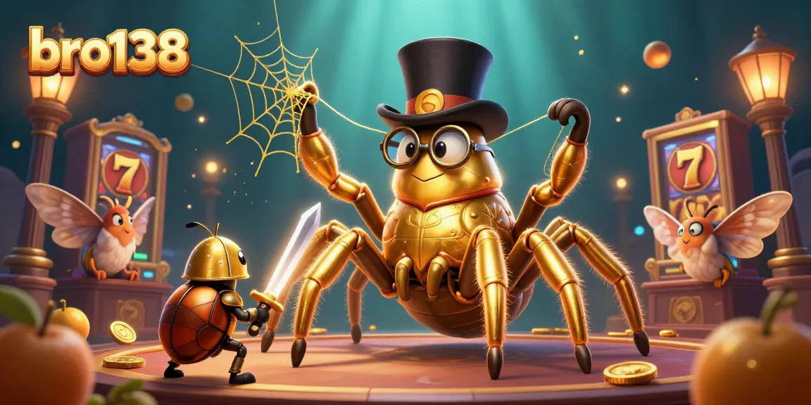 Experience the thrill of bro138 with a giant tarantula in a casino-themed 3D illustration showcasing lucky symbols and high-stakes gameplay.