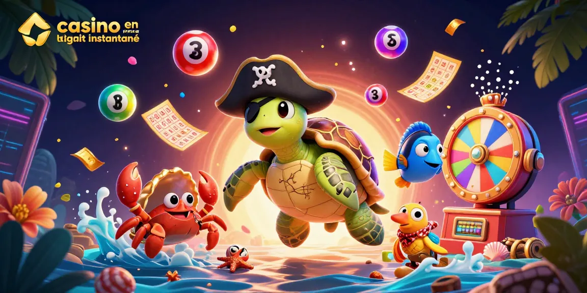 Illustration dynamique d'un jeu de casino en ligne retrait instantané avec plusieurs personnages marins, loto et effets de célébrité.