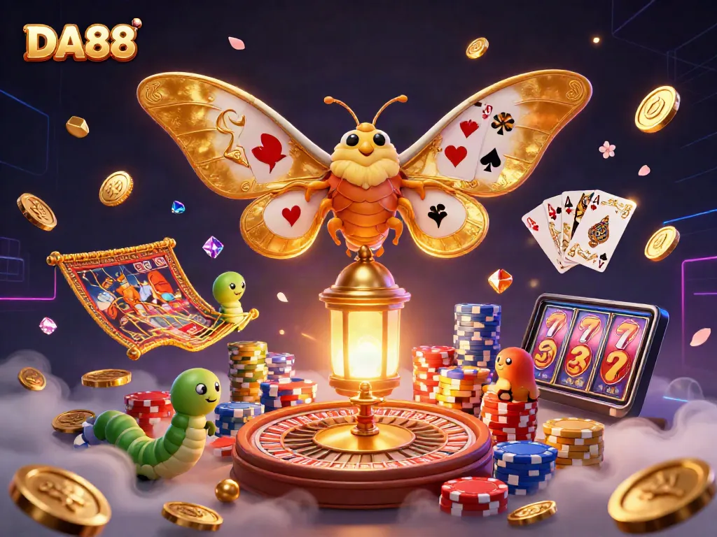 Experience DA88 with a dynamic casino scene featuring a majestic moth and golden treasures.