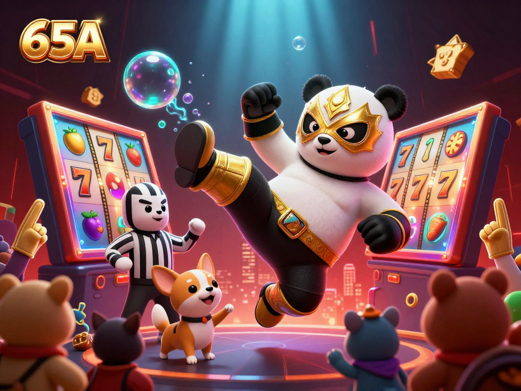 Participantes animados no evento 65A com panda e chihuahua em ação empolgante.