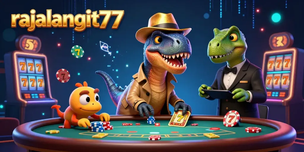 Rajalangit77 menghadirkan kartun raptor yang menyamar bermain blackjack dengan keseruan dan slot di sekitar.
