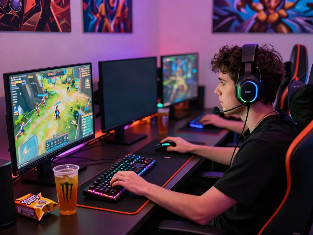 Player immersed in ahha4d gaming experience with vibrant RGB setup.