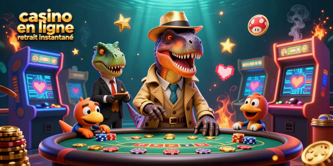 Le casino en ligne retrait instantané avec un vélociraptor comptant des cartes à une table de blackjack, entouré d'éléments de jeu lumineux.