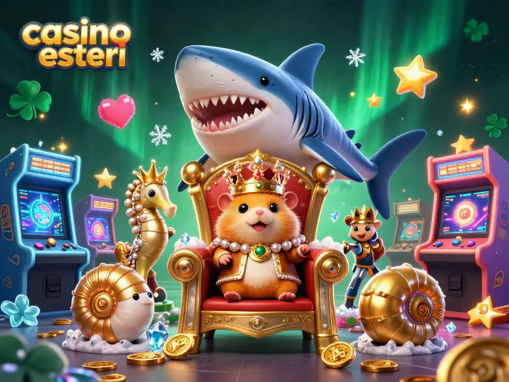 Vincere nei casino online esteri: re hamster d'oro su un trono di denti di squalo megalodon, giochi arcade luminosi in un mondo colorato.