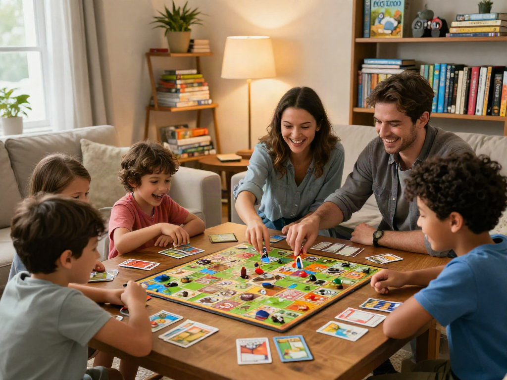 Family enjoying board games together, including Ticket to Ride and Catan, in a cozy living room.