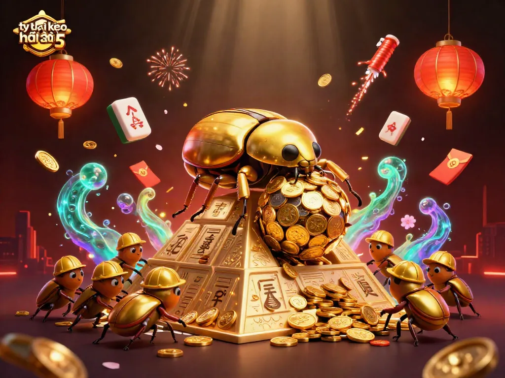 Engage with tỷ lệ kèo nhà cái 5 through immersive betting visuals of golden beetles and casino elements.