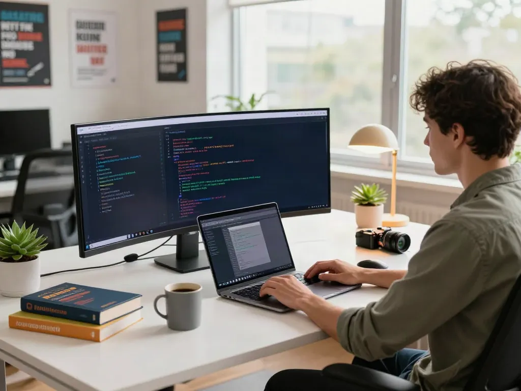 Developer coding on Brave browser in a modern workspace with motivational decor.