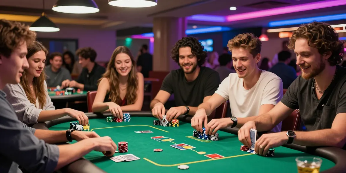 Excited friends playing poker at a casino table, rokok88 chips stacked high in vibrant atmosphere.