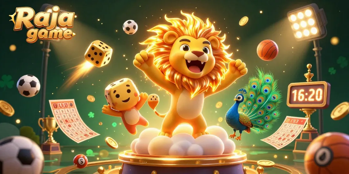Join the thrilling Raja game experience with dynamic lottery and sports elements in a vibrant gaming illustration.