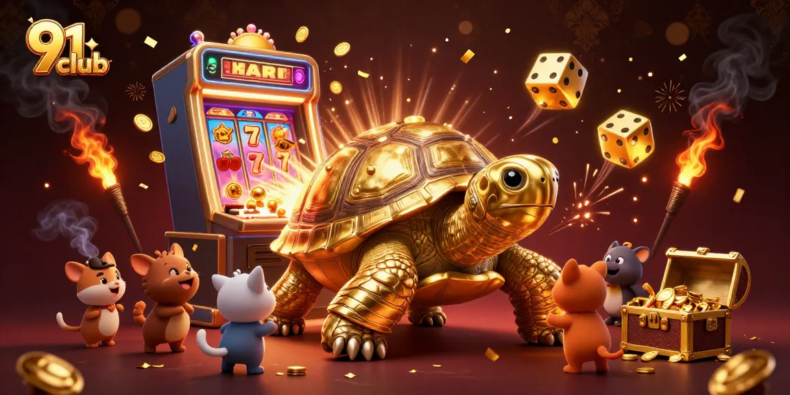 Engaging scene of 91club showcasing vibrant gaming elements with a golden tortoise pinball and dynamic casino symbols.