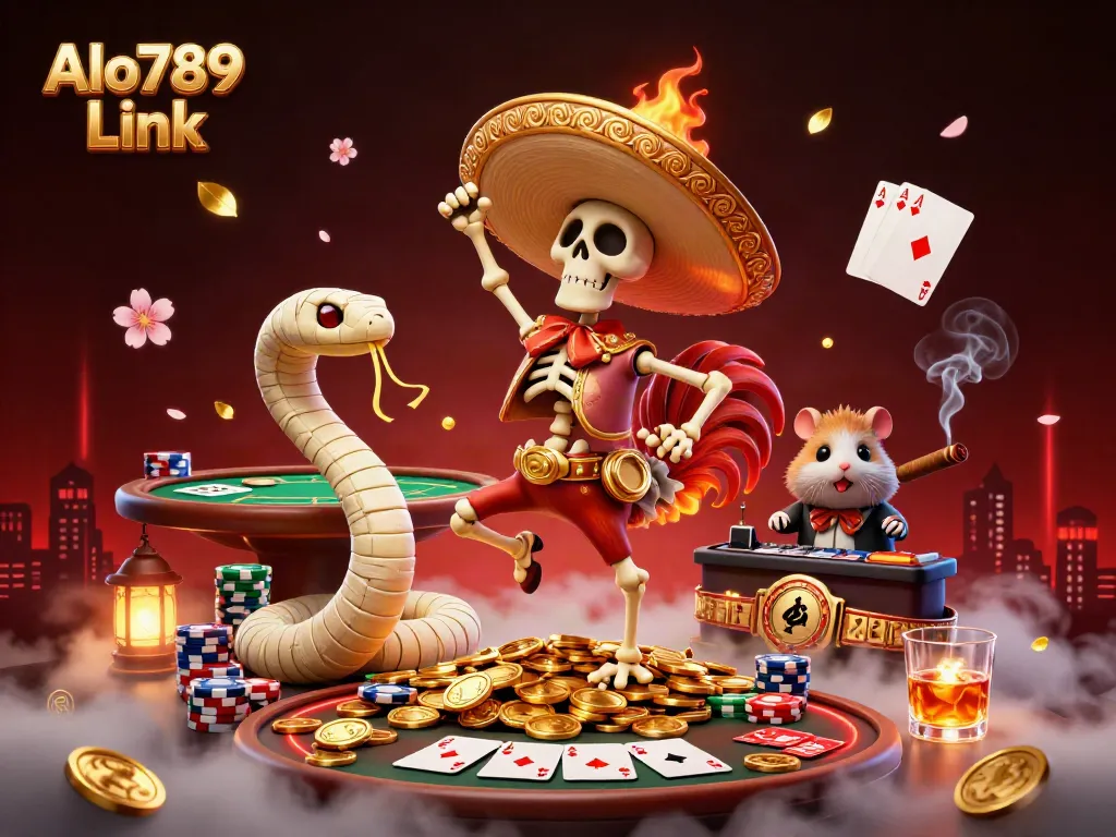 Experience thrilling online cockfighting action with Alo789 Link as lively characters celebrate in a dynamic casino scene.