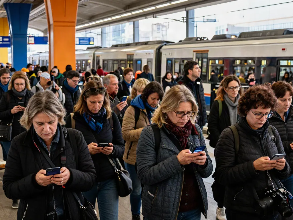 Commuters using the Sciopero app for real-time updates on public strikes at a busy train station