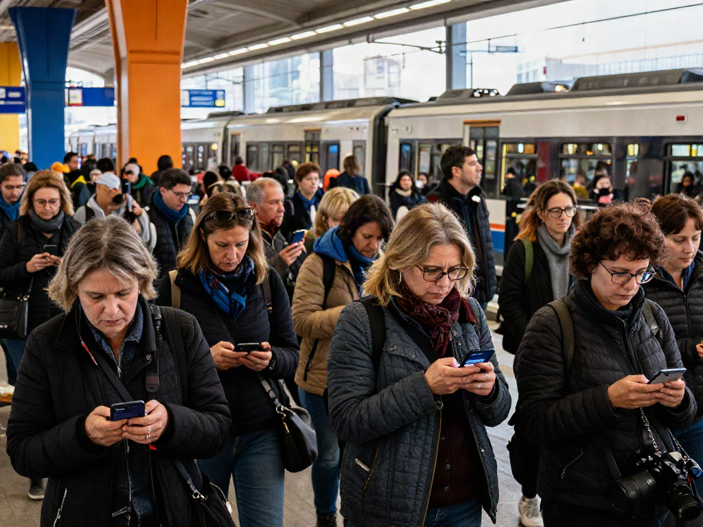 Commuters using the Sciopero app for real-time updates on public strikes at a busy train station