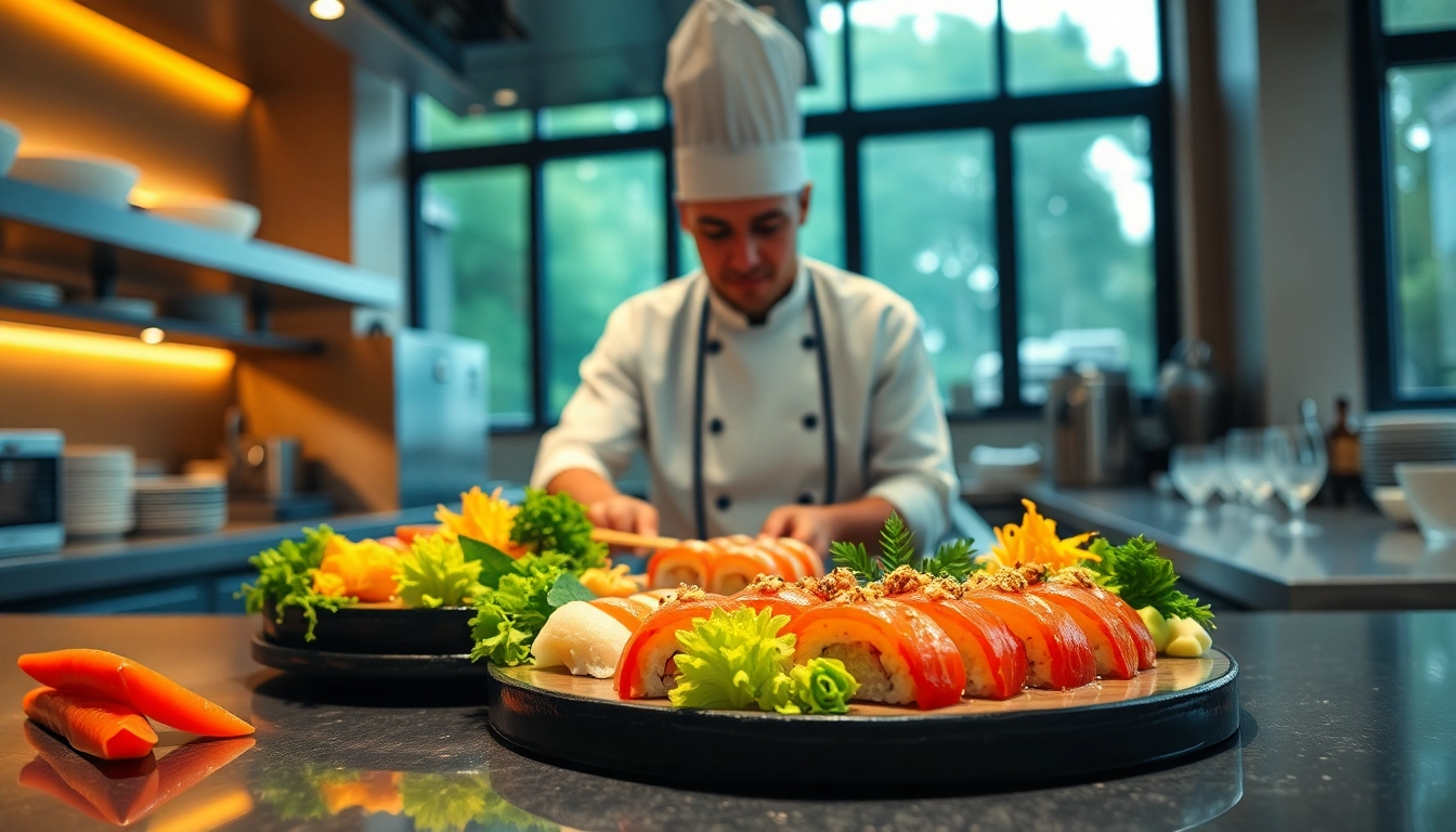MISTERHOKI chef expertly crafting vibrant sushi in a bright restaurant environment.