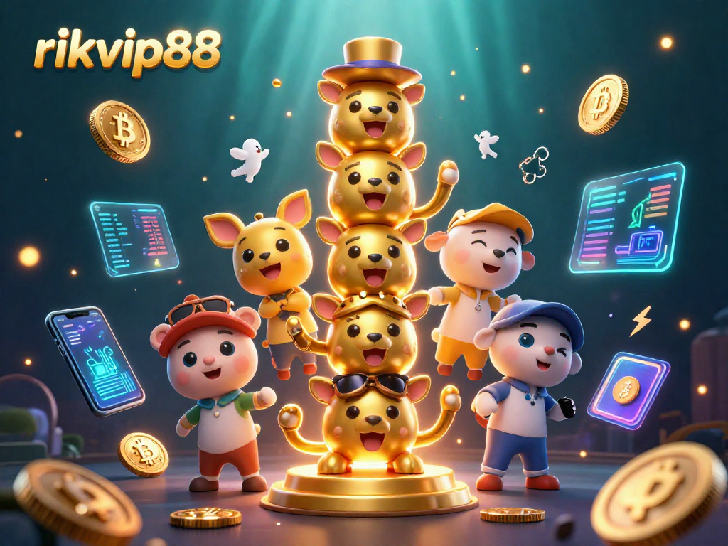 Experience thrilling gaming with rikvip88's vibrant 3D casino elements and crypto imagery.