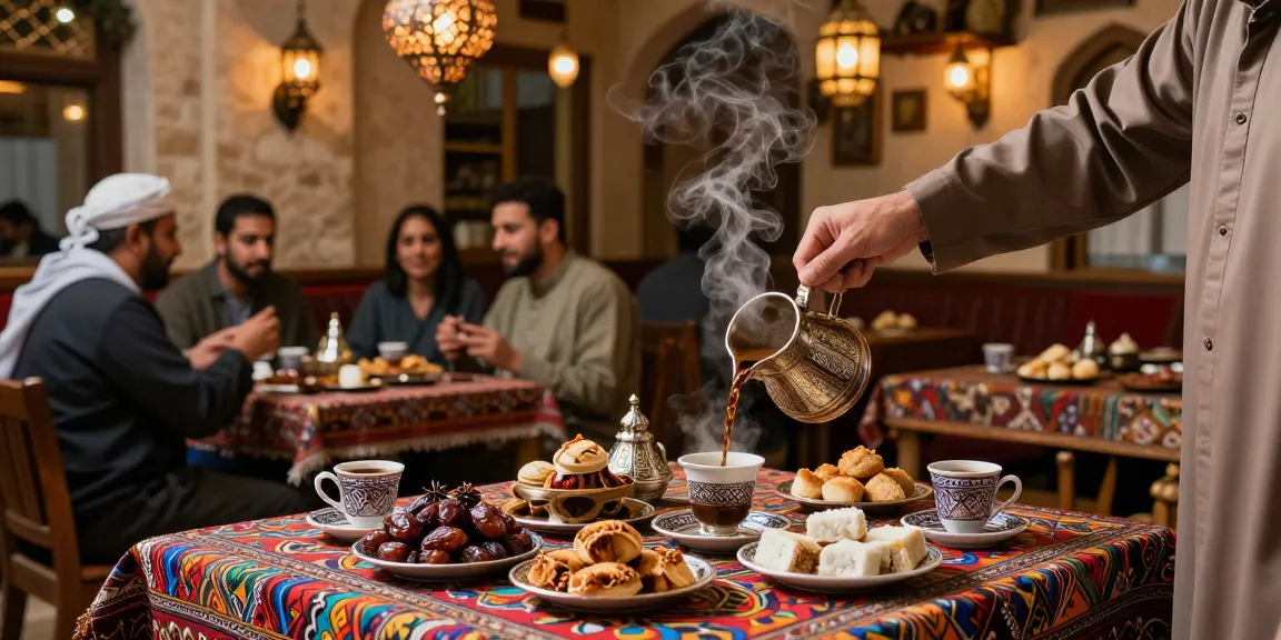 قهوجي وصبابين يقدم القهوة العربية في مقهى تقليدي مع التوابل والحلويات.