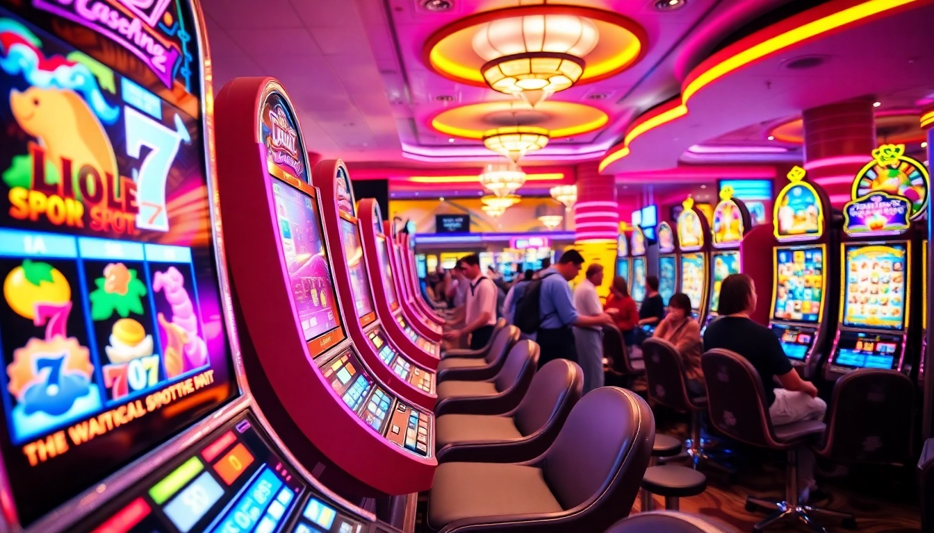 Players enjoying the excitement of slot gambling in a vibrant casino atmosphere.