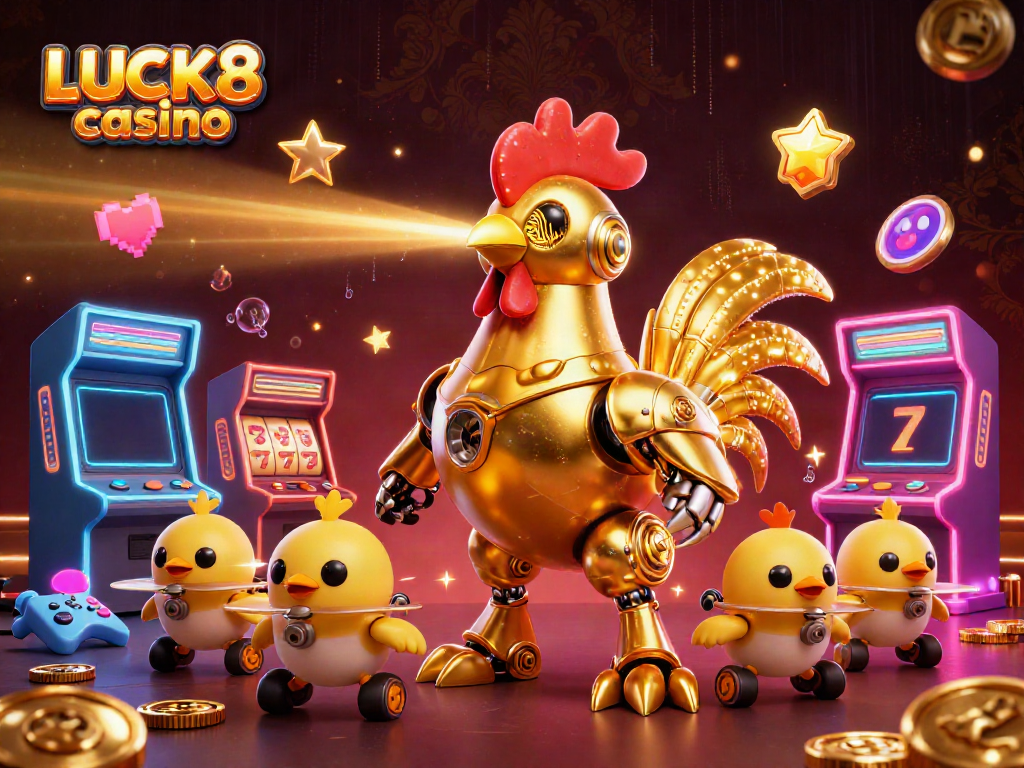 Engage with the LUCK8 casino's thrilling gaming environment featuring a golden rooster robot and baby chick drones.