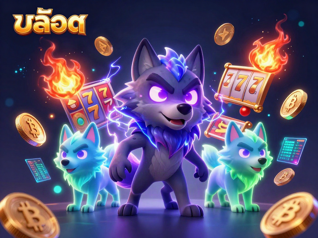 Engage in สล็อต with a crypto-themed 3D casino scene featuring wolves and slot elements.