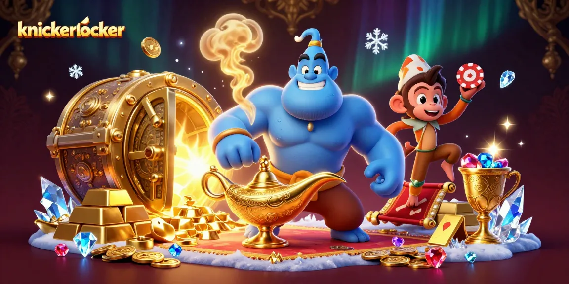 Experience knickerlocker's magic with a genie, monkey, and poker chips in a vibrant casino scene.