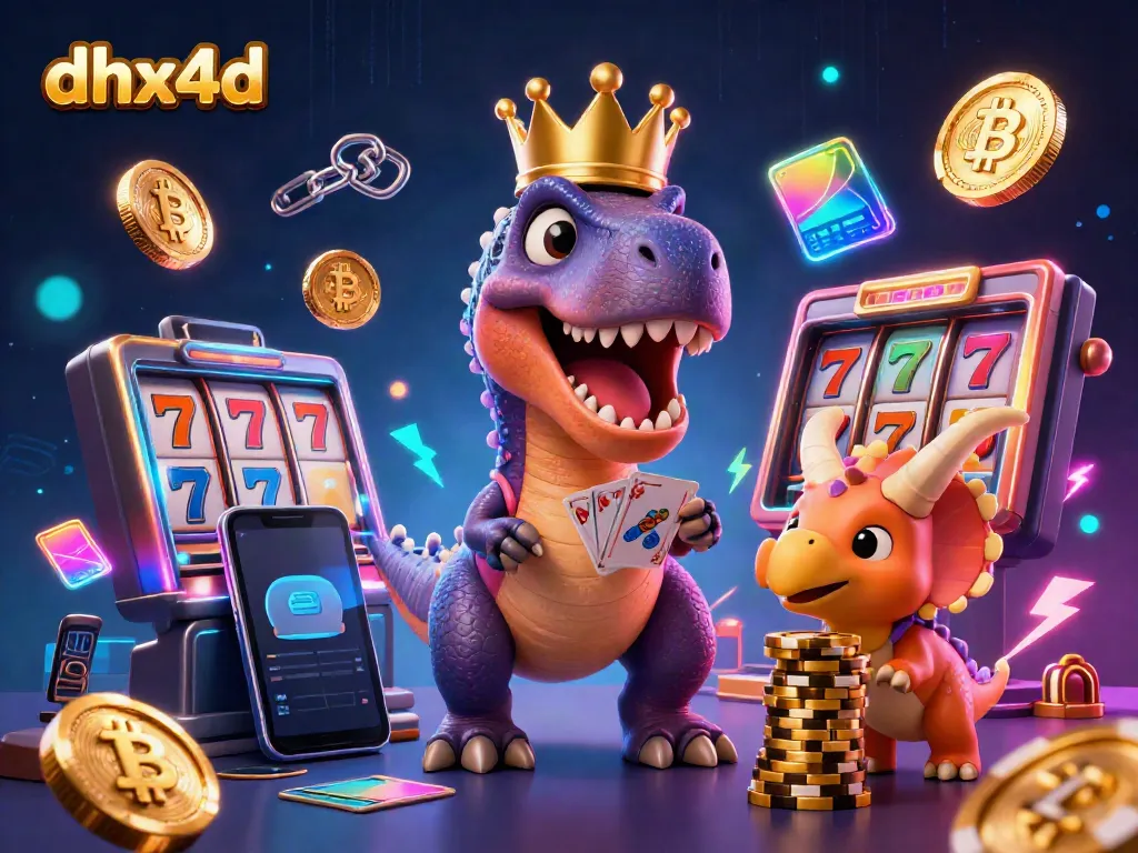 Menggandakan luas game di DHX4D, T-Rex lucu menyusun kartu sambil dibantu oleh pterosaurus, dan triceratops kecil menyusun chip emas.