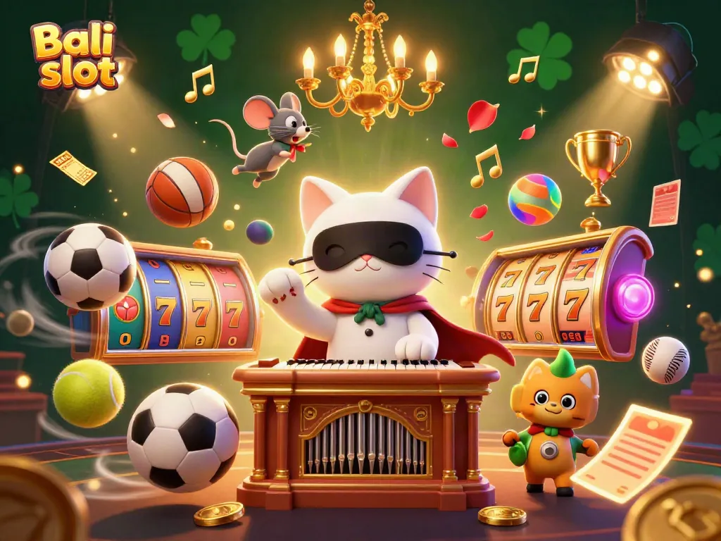 Engage with the vibrant Bali slot gaming scene featuring characters, slot reels, and dynamic sports elements.