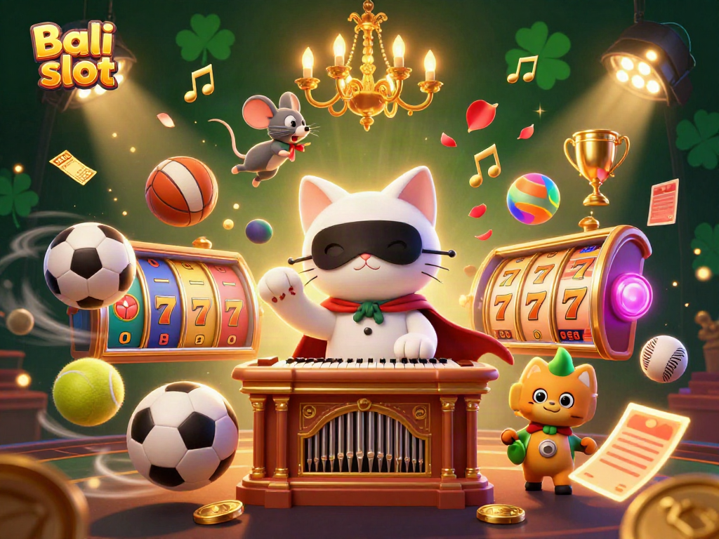 Engage with the vibrant Bali slot gaming scene featuring characters, slot reels, and dynamic sports elements.