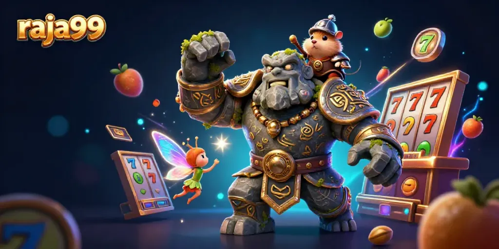 Engaging raja99 slots scene with a golem, fairy, and hamster knight immersed in jackpot excitement.